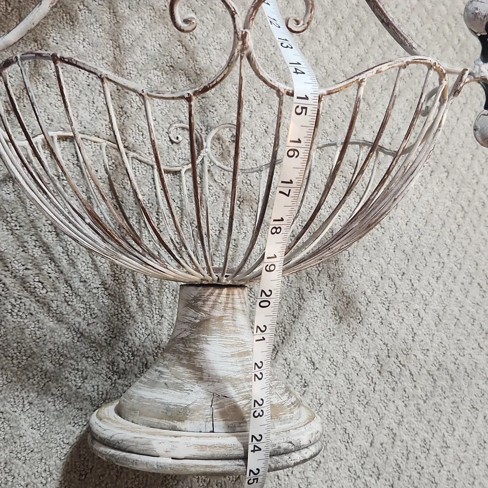 Shabby Chic Style French Metal Wire Basket Chippy Wooden Pedestal Planter